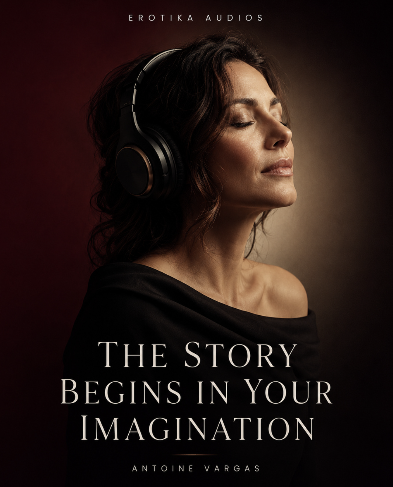 Elegant woman wearing headphones with her eyes closed against a burgundy and black background.